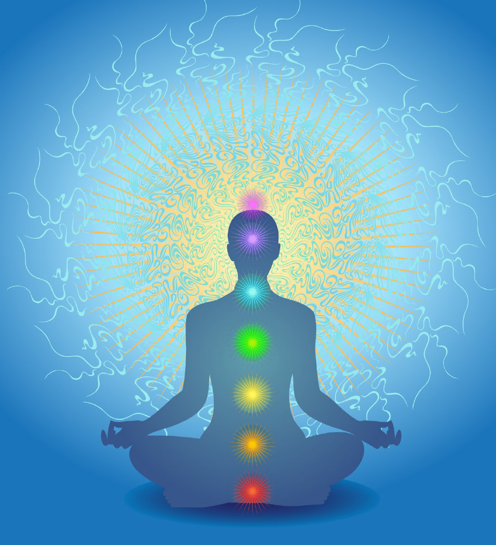 3d render man meditating with seven colorful chakras